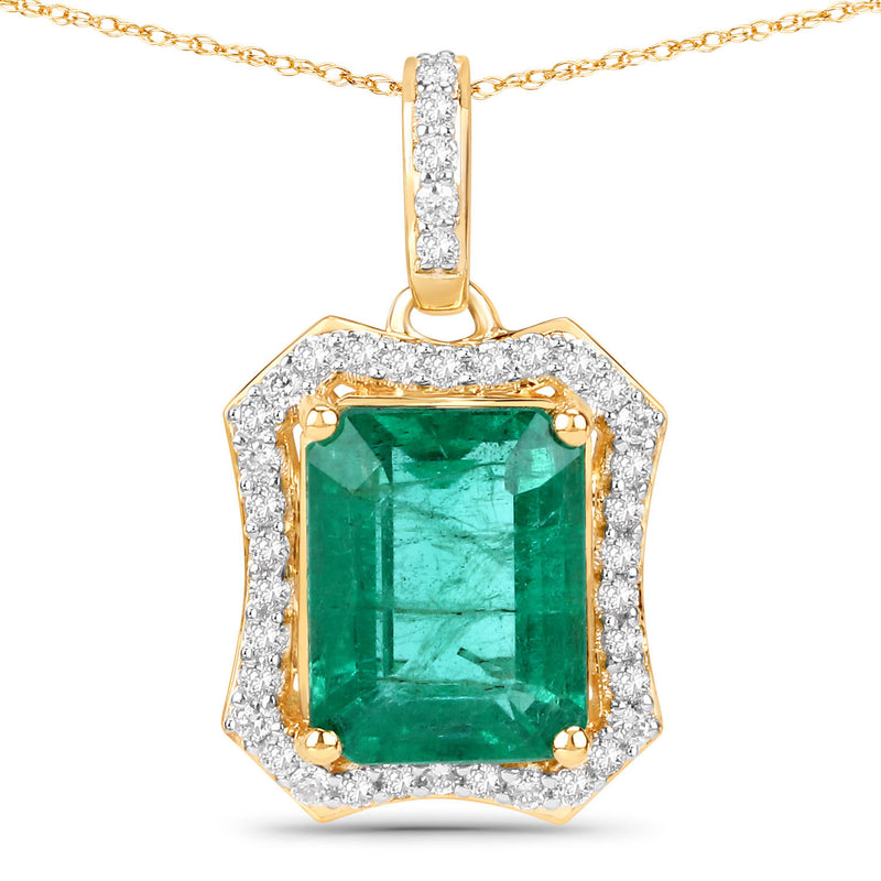 IGI Certified 2.45 Carat Genuine Zambian Emerald and White Diamond 14K Yellow Gold Pendant