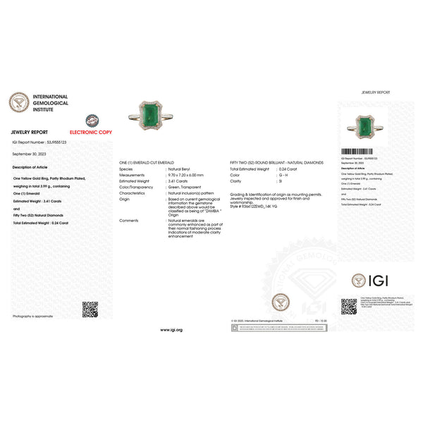 IGI Certified 3.65 Carat Genuine Zambian Emerald and White Diamond 14K Yellow Gold Ring