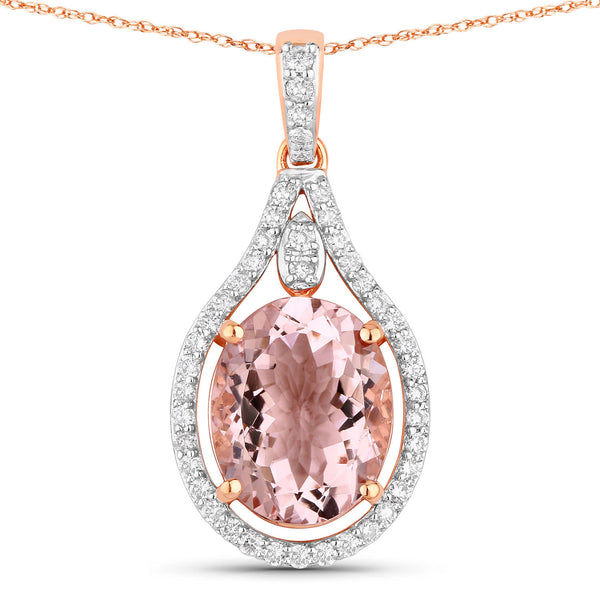 2.58 Carat Genuine Morganite and White Diamond 14K Rose Gold Pendant