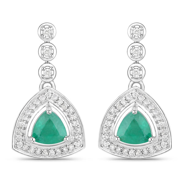 1.39 Carat Genuine Zambian Emerald and White Diamond 14K White Gold Earrings