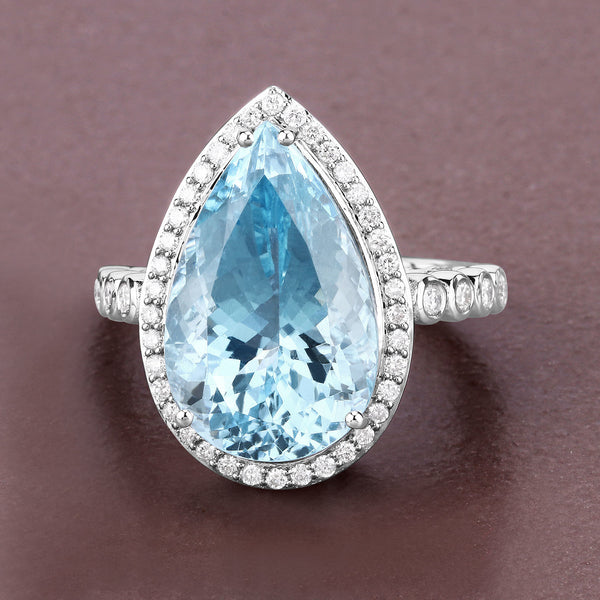 13.42 Carat Genuine Aquamarine and White Diamond 14K White Gold Ring