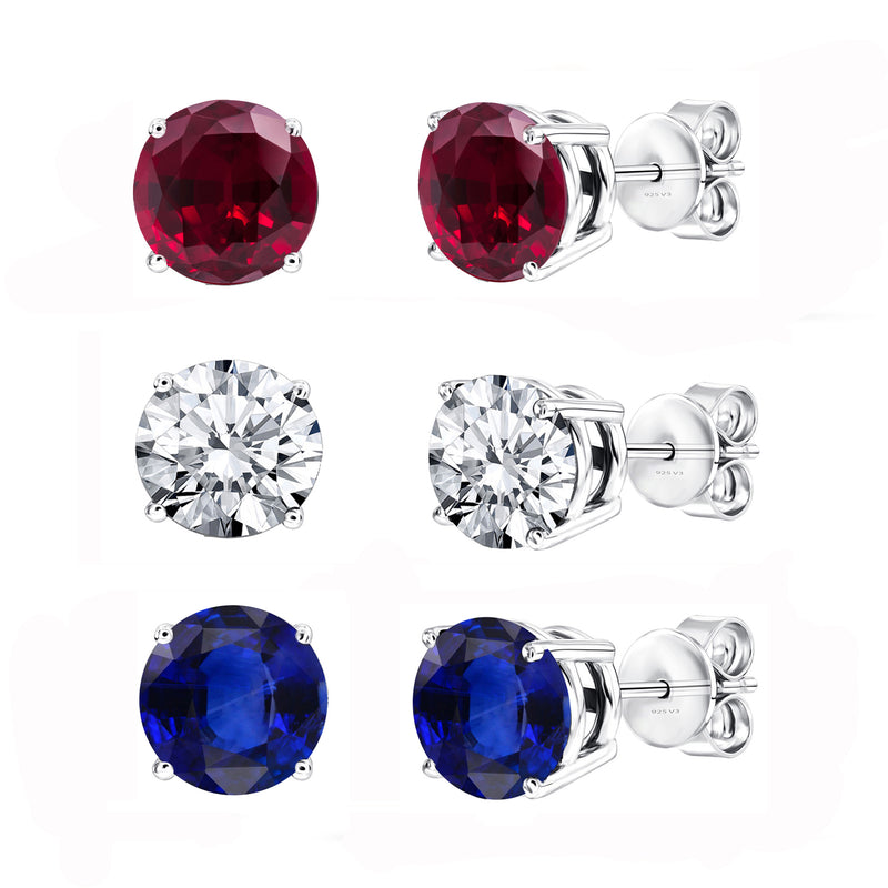 V3 Jewelry Sterling Silver Set of 3 -Ruby, Blue Sapphire and Natural White Topaz Stud Earrings