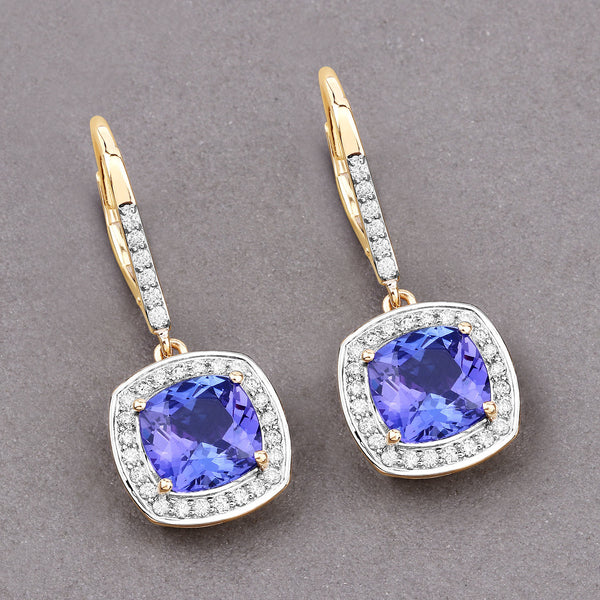 6.10 Carat Genuine Tanzanite and White Diamond 14K Yellow Gold Earrings