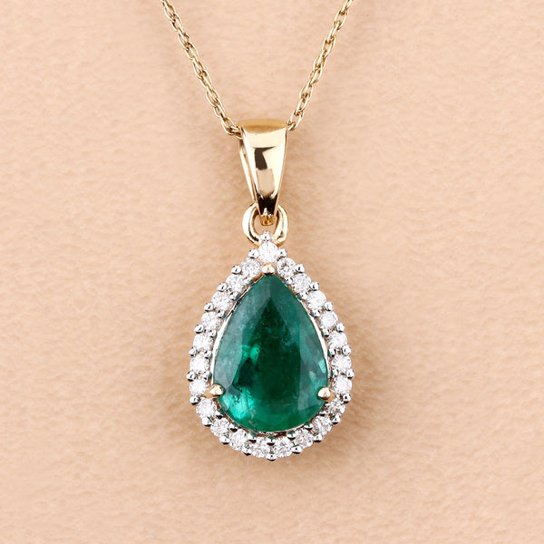 2.38 Carat Genuine Zambian Emerald and White Diamond 14K Yellow Gold Pendant