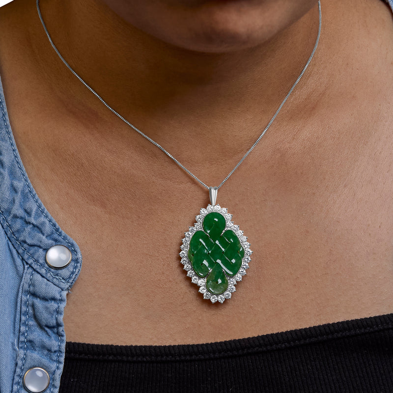 18K White Gold 2.00 Cttw Diamond Halo and Jade Shield Brooch Pin and Pendant (G-H Color, VS1-VS2 Clarity) CHAIN NOT INCLUDED