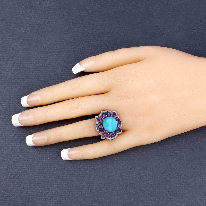 14.50 Carat Genuine Amethyst, Turquoise and White Diamond .925 Sterling Silver Ring