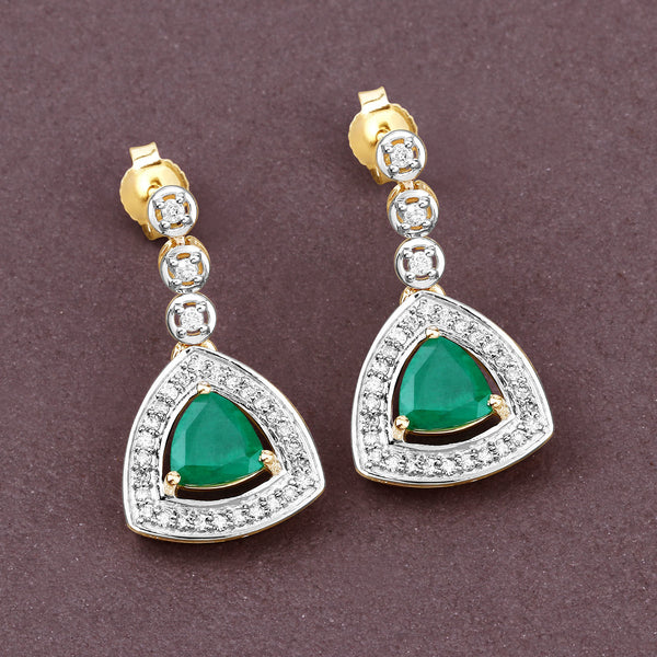 1.39 Carat Genuine Zambian Emerald and White Diamond 14K Yellow Gold Earrings