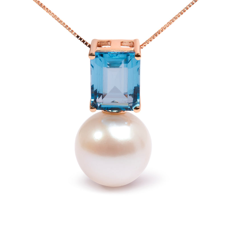 14K Rose Gold 11MM Cultured Freshwater Pearl and 9x7mm Octagon Swiss Blue Topaz Pendant Necklace - 18" Inches