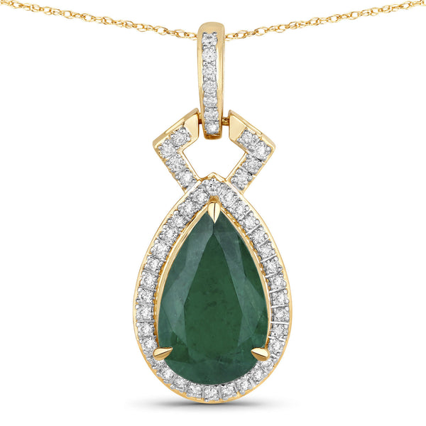 IGI Certified 3.23 Carat Genuine Zambian Emerald and White Diamond 14K Yellow Gold Pendant