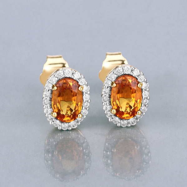 1.66 Carat Genuine Orange Sapphire and White Diamond 14K Yellow Gold Earrings