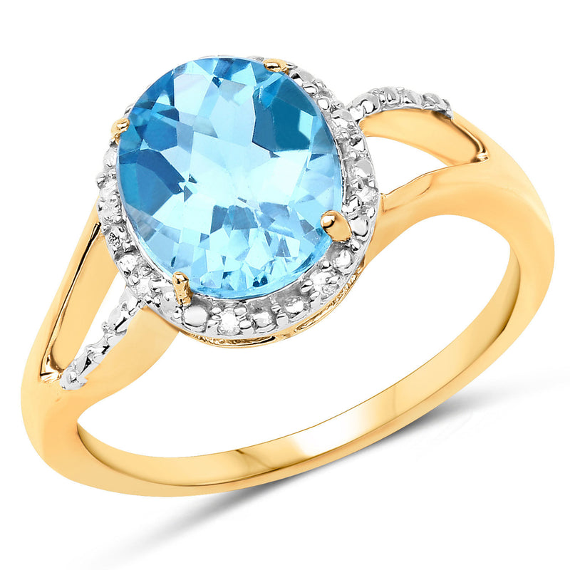 3.29 Carat Genuine Swiss Blue Topaz and White Sapphire 10K Yellow Gold Ring