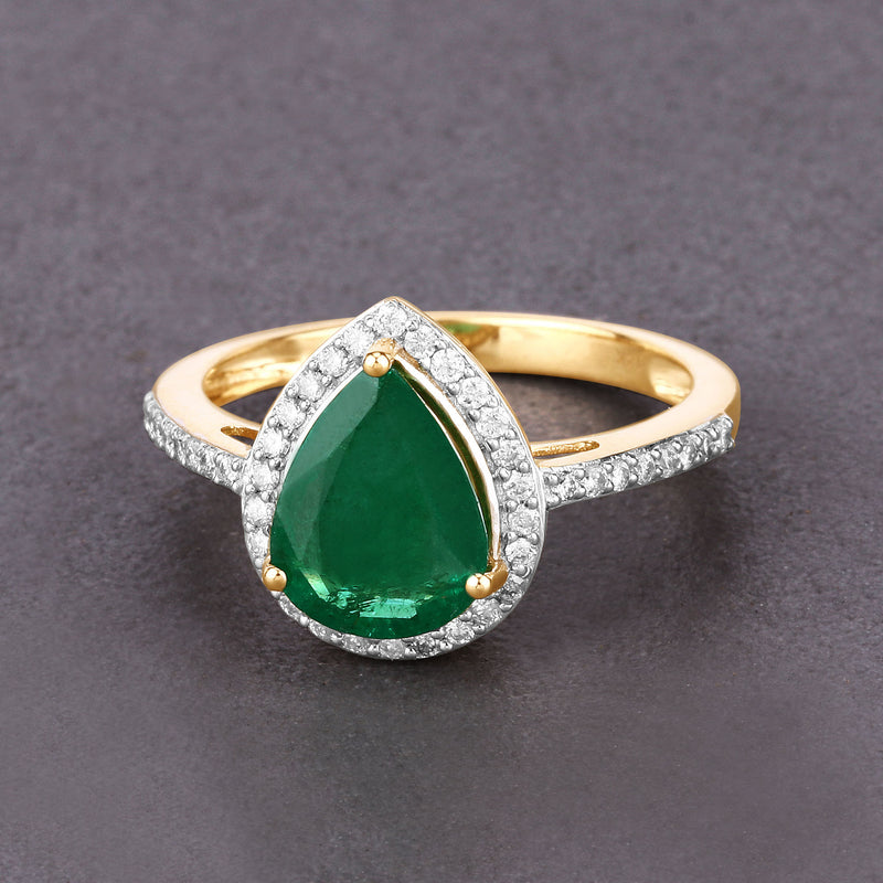 1.82 Carat Genuine Zambian Emerald and White Diamond 14K Yellow Gold Ring