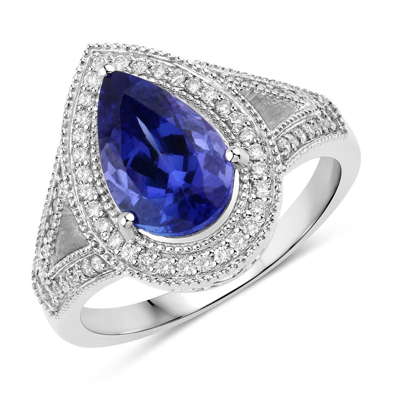 2.60 Carat Genuine Tanzanite and White Diamond 14K White Gold Ring