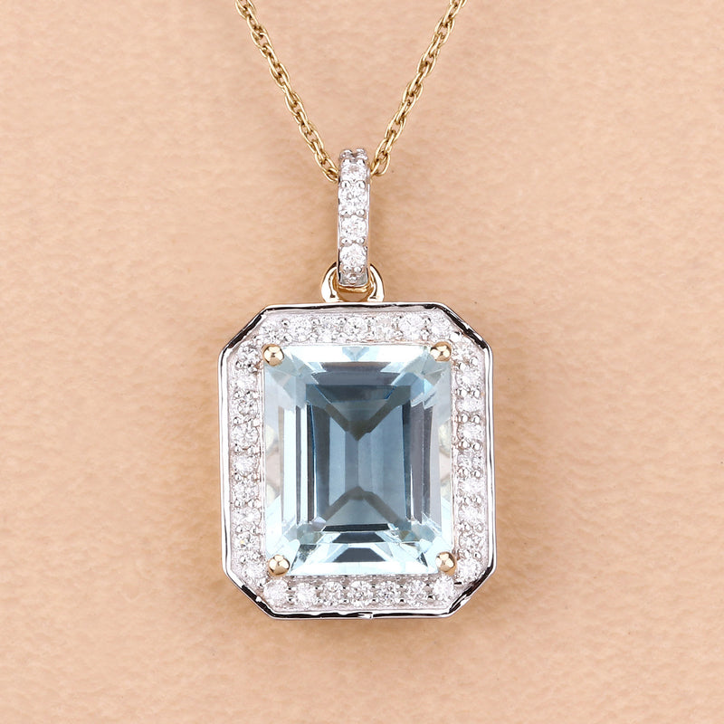 4.19 Carat Genuine Aquamarine and White Diamond 14K Yellow Gold Pendant