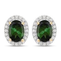 1.92 Carat Genuine Green Tourmaline and White Diamond 14K Yellow Gold Earrings