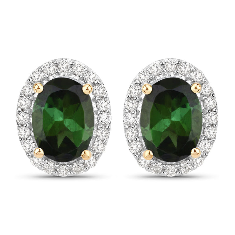 1.92 Carat Genuine Green Tourmaline and White Diamond 14K Yellow Gold Earrings