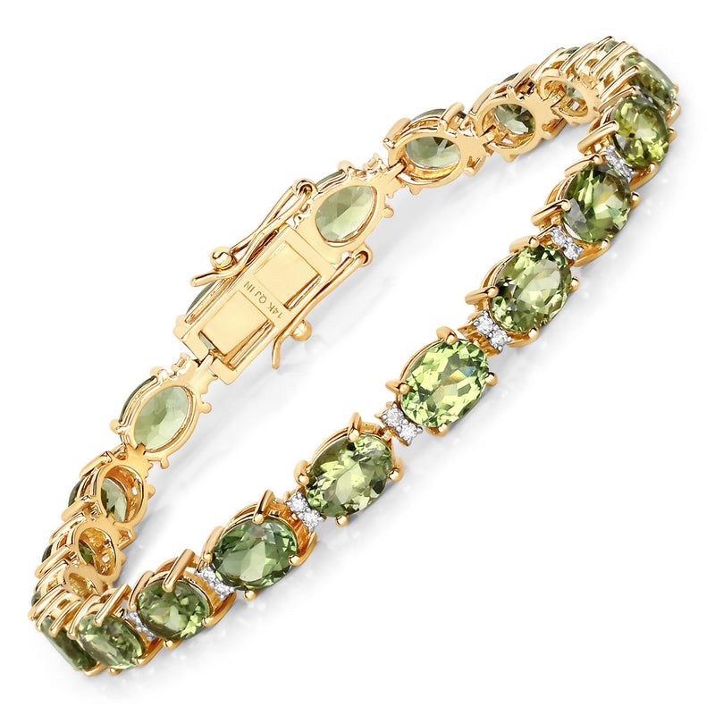 17.00 Carat Genuine Green Tourmaline and White Diamond 14K Yellow Gold Bracelet