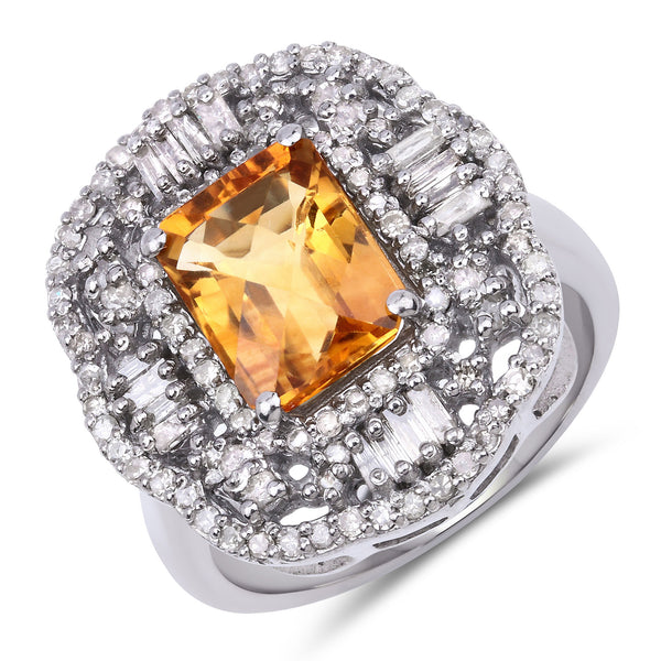 3.47 Carat Genuine Citrine and White Diamond .925 Sterling Silver Ring