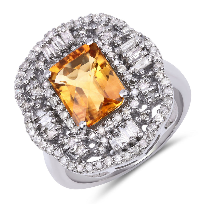 3.47 Carat Genuine Citrine and White Diamond .925 Sterling Silver Ring