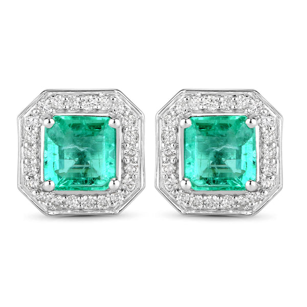 1.90 Carat Genuine Emerald and White Diamond 14K White Gold Earrings