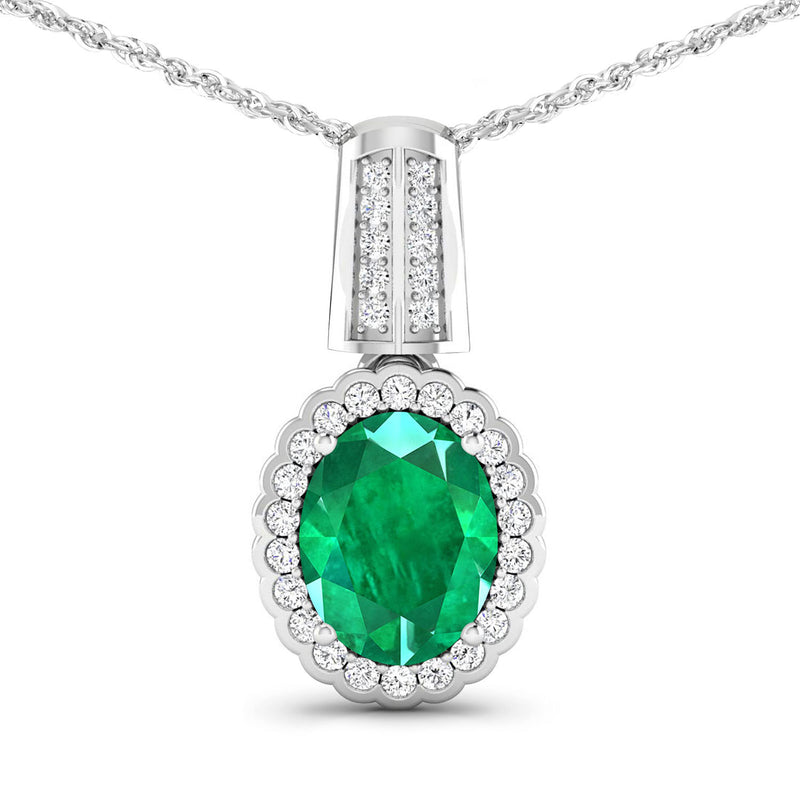 1.75 Carat Genuine Zambian Emerald and White Diamond 14K White Gold Pendant