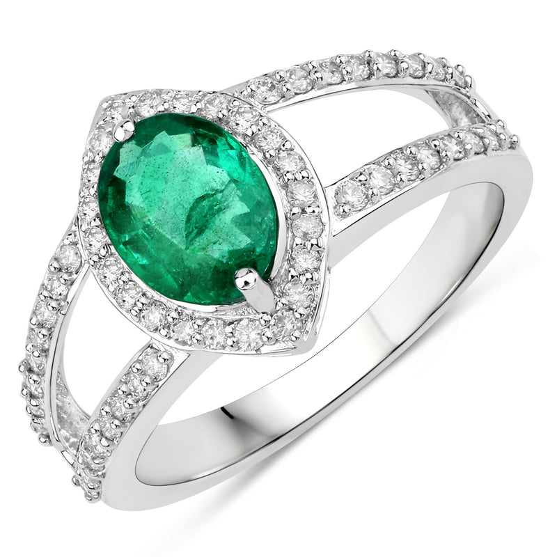 1.62 Carat Genuine Zambian Emerald and White Diamond 14K White Gold Ring