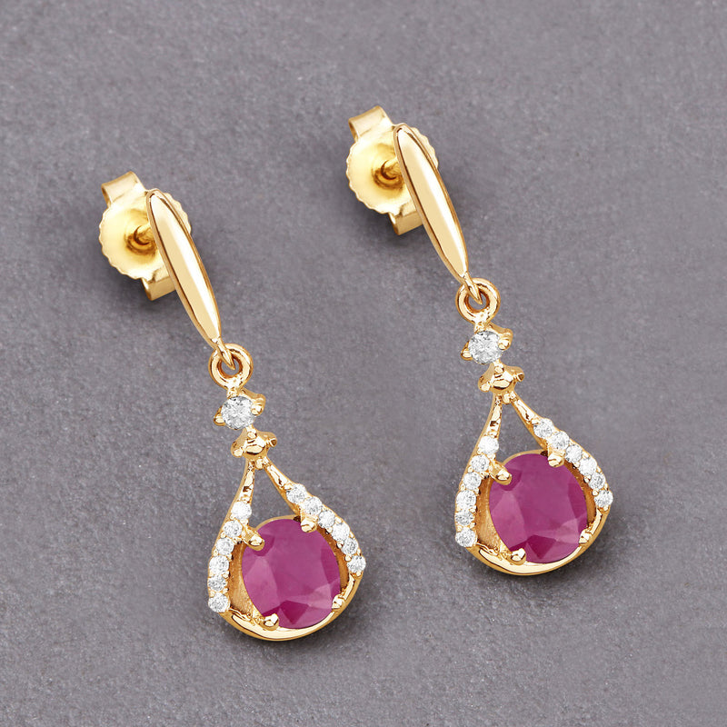 0.70 Carat Genuine Ruby and White Diamond 14K Yellow Gold Earrings