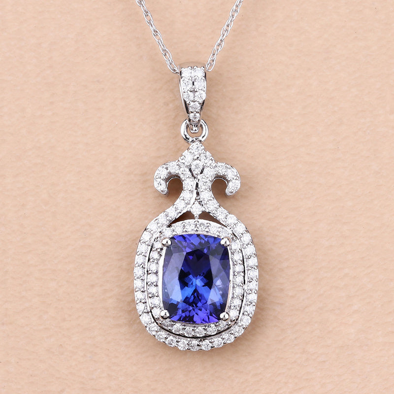 2.44 Carat Genuine Tanzanite and White Diamond 14K White Gold Pendant