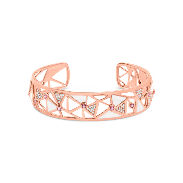 14K Rose Gold 5/8 Cttw Diamond with Pink Tourmaline Open Cuff Bangle with White Enamel (G-H Color, SI1-SI2 Clarity) - 7"