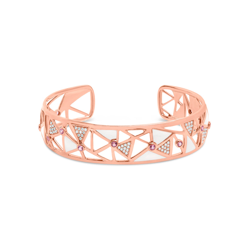 14K Rose Gold 5/8 Cttw Diamond with Pink Tourmaline Open Cuff Bangle with White Enamel (G-H Color, SI1-SI2 Clarity) - 7"