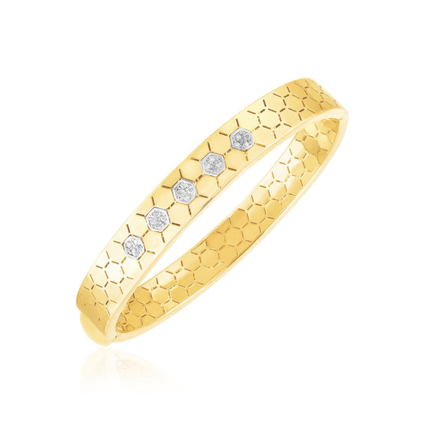 14k Yellow Gold High Polish Honeycomb Diamond Bangle (8.9mm)