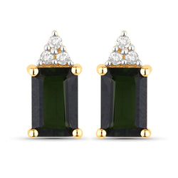 1.25 Carat Genuine Green Tourmaline and White Diamond 14K Yellow Gold Earrings