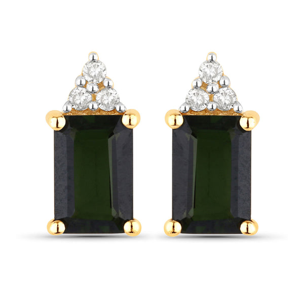 1.25 Carat Genuine Green Tourmaline and White Diamond 14K Yellow Gold Earrings