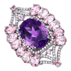 15.68 Carat Genuine Pink Tourmaline, Amethyst and White Diamond .925 Sterling Silver Ring