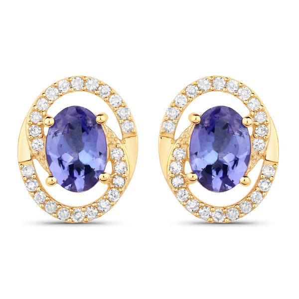 1.72 Carat Genuine Tanzanite and White Diamond 14K Yellow Gold Earrings