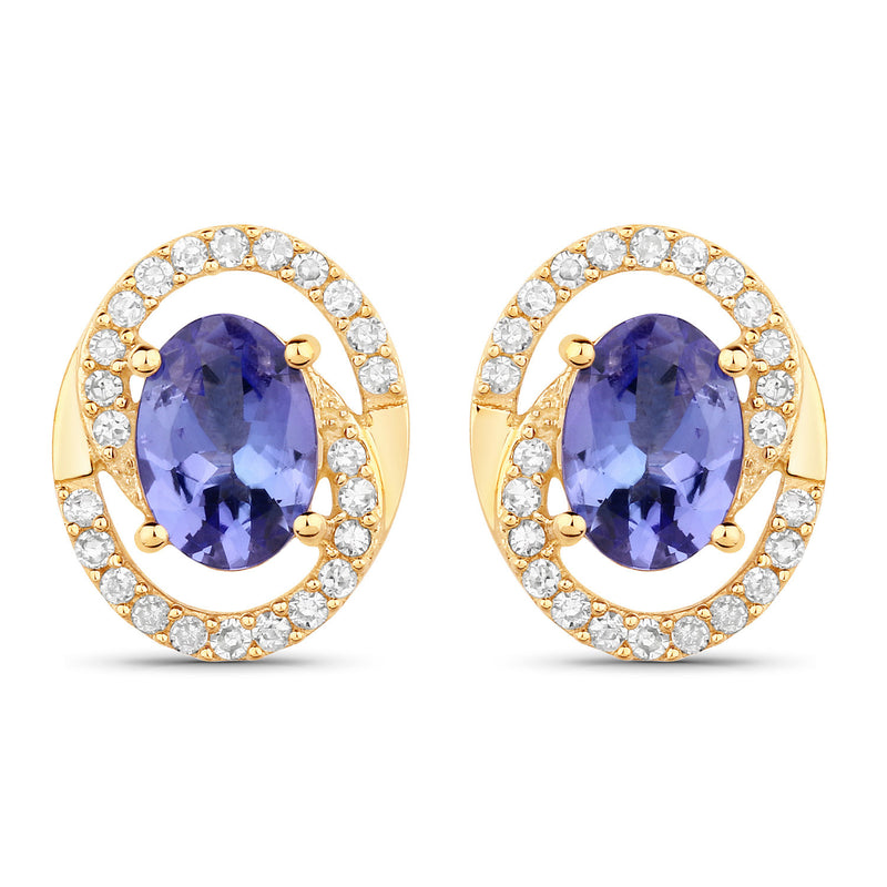 1.72 Carat Genuine Tanzanite and White Diamond 14K Yellow Gold Earrings