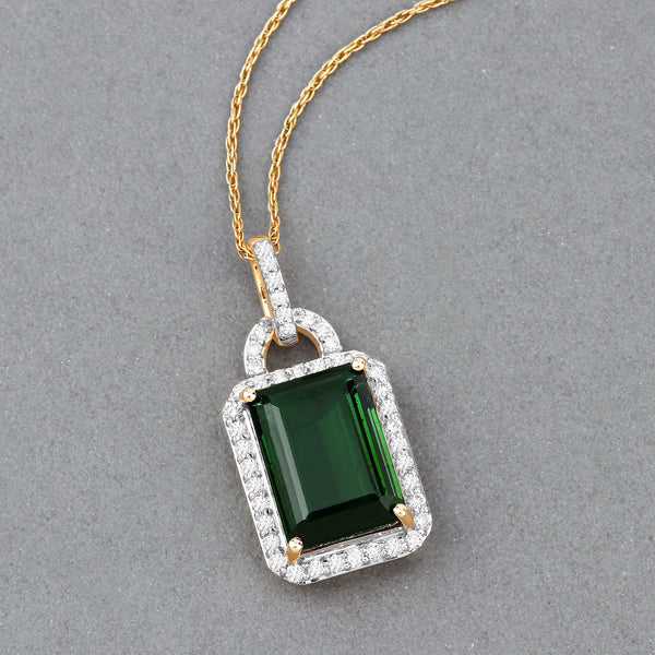 6.30 Carat Genuine Green Tourmaline and White Diamond 14K Yellow Gold Pendant