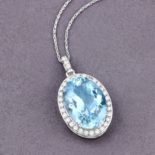 9.59 Carat Genuine Aquamarine and White Diamond 14K White Gold Pendant