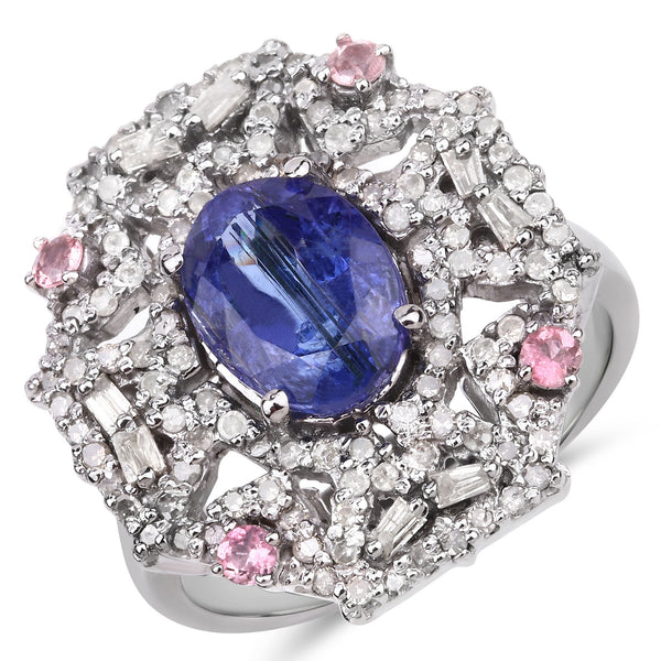 3.31 Carat Genuine Pink Tourmaline, Kyanite and White Diamond .925 Sterling Silver Ring