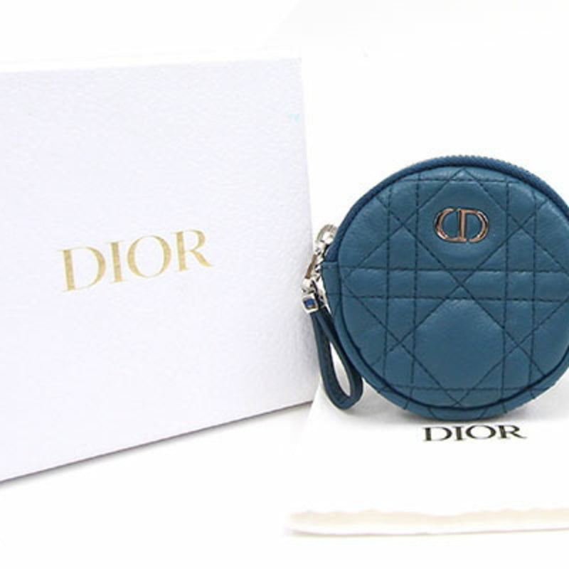 Christian Dior Dior Coin Case Canage S5035PWHC Blue Leather Round Stitch Lady Purse Quilting Women's Wallet