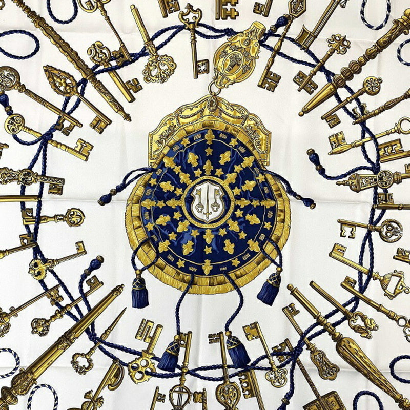 Hermes Scarf Carre 90 Navy White Gold LES CLES Silk 100% HERMES Key Pattern Women's Accessories