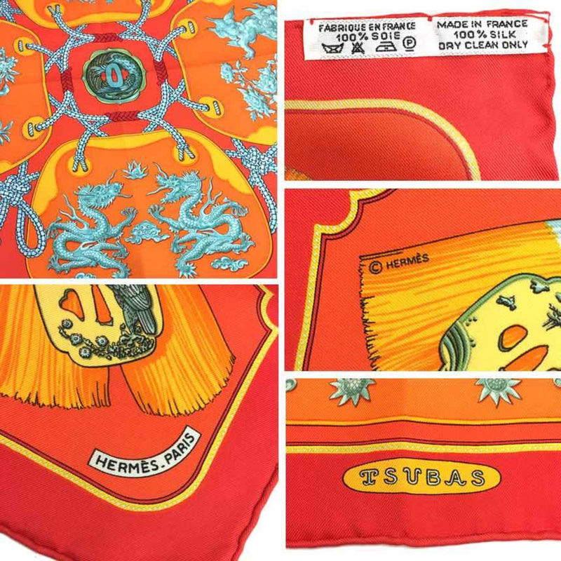 HERMES Hermes Carre 45 42 Petit Scarf Muffler TSUBAS Tsuba Dragon Deer Bird Orange x Red 100% Silk