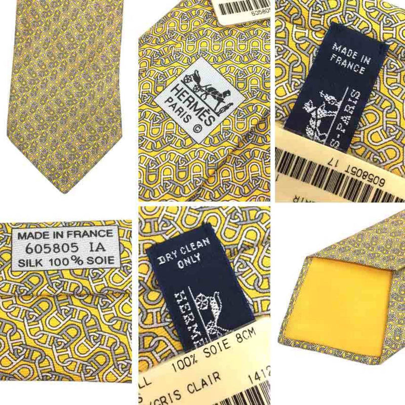Hermes tie ENTREMELEES Chaine d'Ancre silk 100% yellow JAUNE ACIER GRIS CLAIR Men's