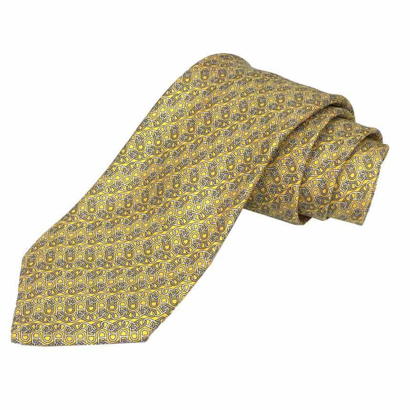 Hermes tie ENTREMELEES Chaine d'Ancre silk 100% yellow JAUNE ACIER GRIS CLAIR Men's