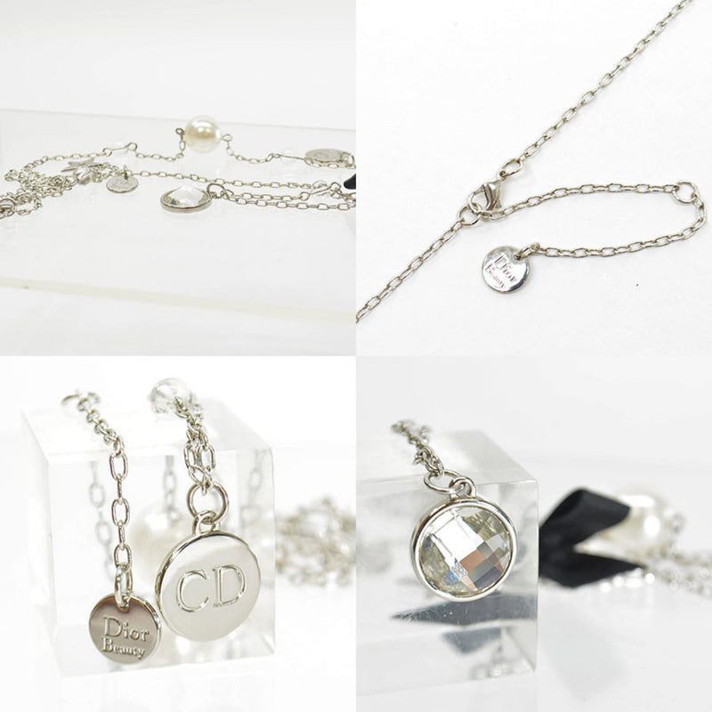 Christian Dior Necklace Silver Pearl White Clear Fake Plastic Ladies