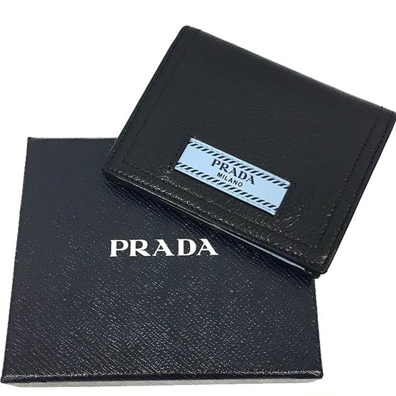 Prada Folded Wallet Bi-Folded 1MV204 GLACECALF Leather NERO Black With Guarantee Card Men's Women's Unisex aq3177