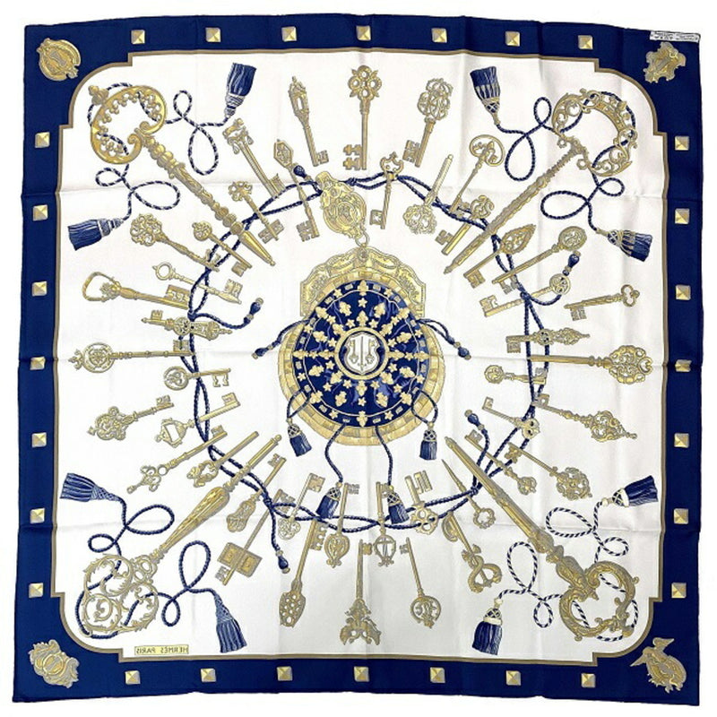 Hermes Scarf Carre 90 Navy White Gold LES CLES Silk 100% HERMES Key Pattern Women's Accessories