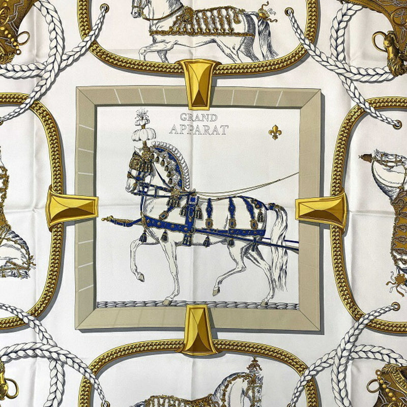 Hermes Scarf Muffler Carre 90 Navy White Gold GRAND APPARAT Silk 100% HERMES Horse Dressed Pattern Ladies Accessory