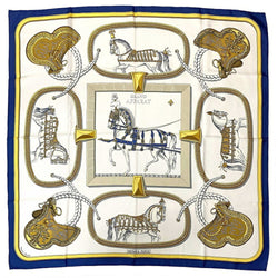 Hermes Scarf Muffler Carre 90 Navy White Gold GRAND APPARAT Silk 100% HERMES Horse Dressed Pattern Ladies Accessory