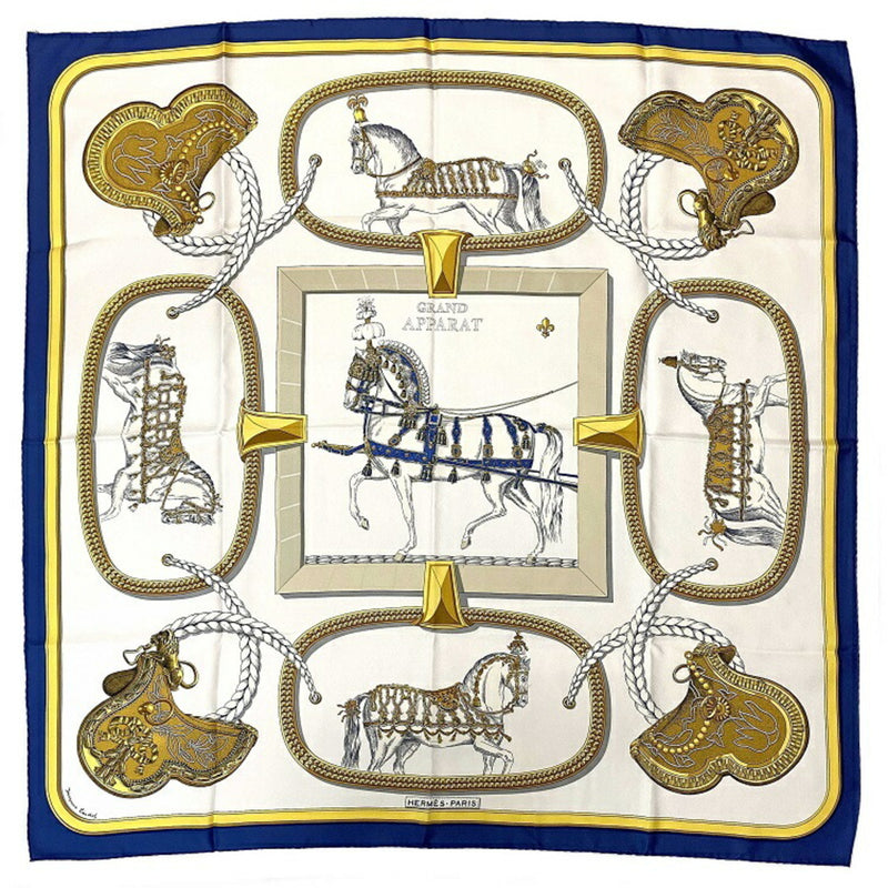 Hermes Scarf Muffler Carre 90 Navy White Gold GRAND APPARAT Silk 100% HERMES Horse Dressed Pattern Ladies Accessory
